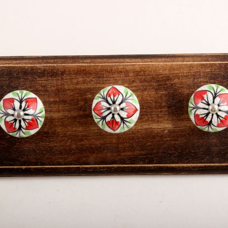 Red Flower Crackle Ceramic Wooden Hooks